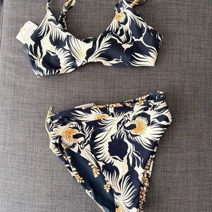 Maaji Navy and Cream Floral Reversible Bikini Bottom S